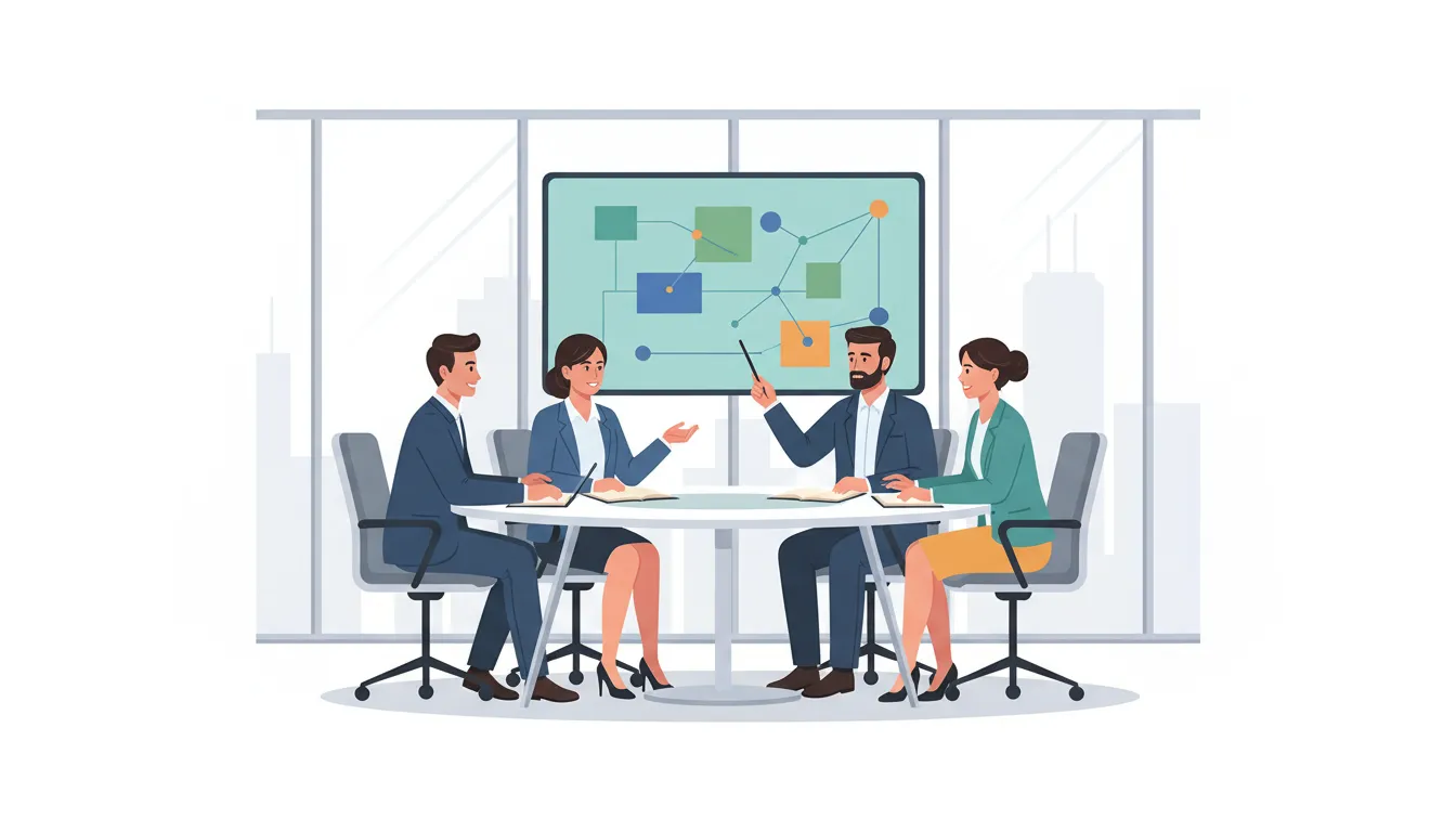 Professional team collaboration scene showing remote workers engaged in training session