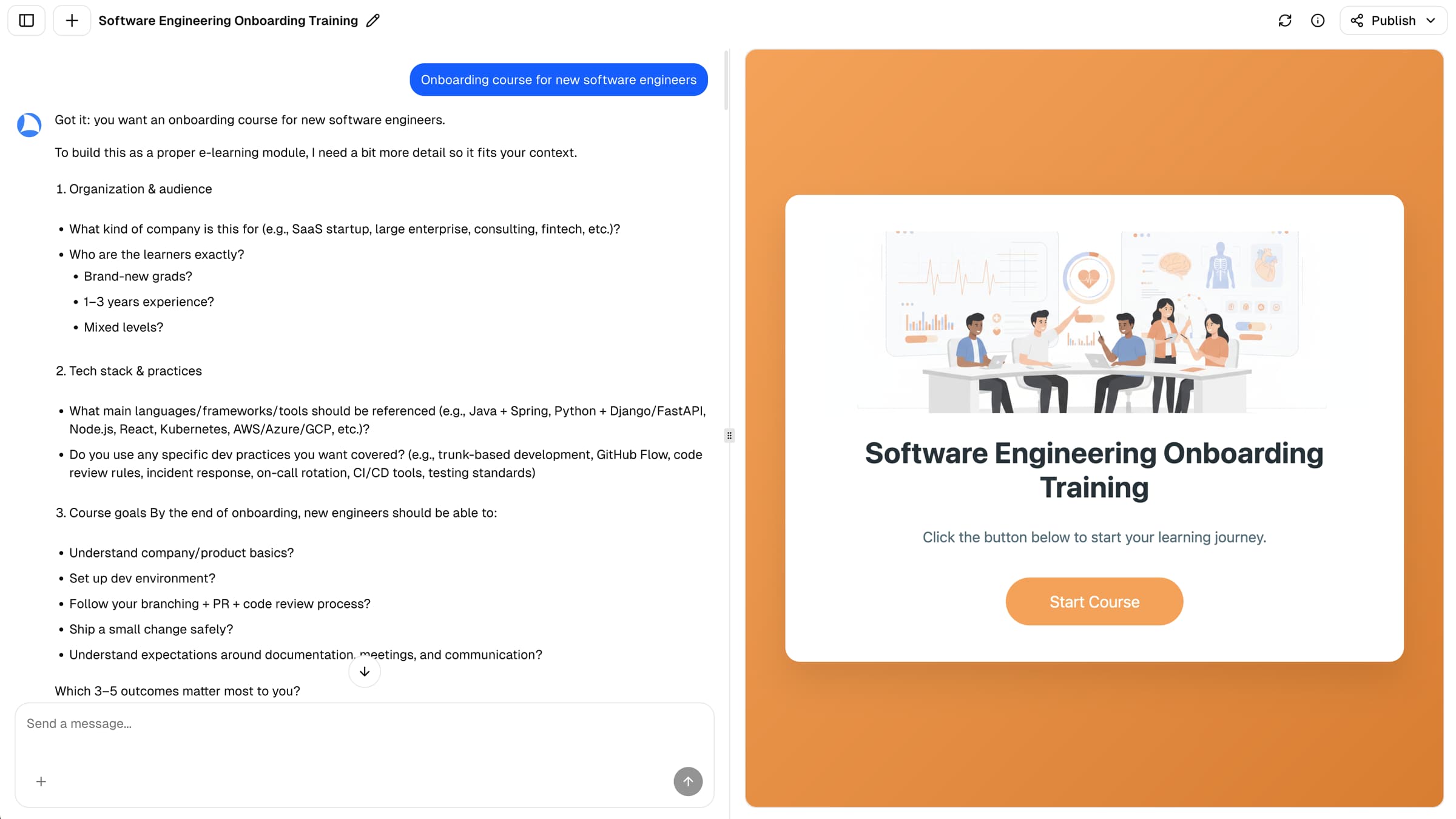Chat conversation and interactive quiz preview for creating training modules